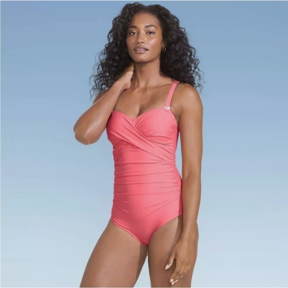 NWT Lands End Pink Ruched One Piece Swimsuit Size 12